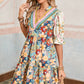 Multicolor Allover Floral Print V Neck Tiered Mini Dress