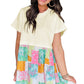 Green Floral Patchwork Pleated Loose Fit Mini T Shirt Dress