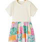Green Floral Patchwork Pleated Loose Fit Mini T Shirt Dress