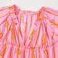 Rose Bowknot Print Shirred V Neck Puff Sleeve Plus Size Blouse